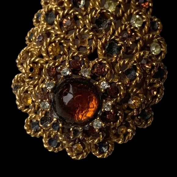 Vintage Signed ART Art Pepper Gold Plated Crystal Fall Cornucopia Brooch Jewelry - Picture 4 of 10